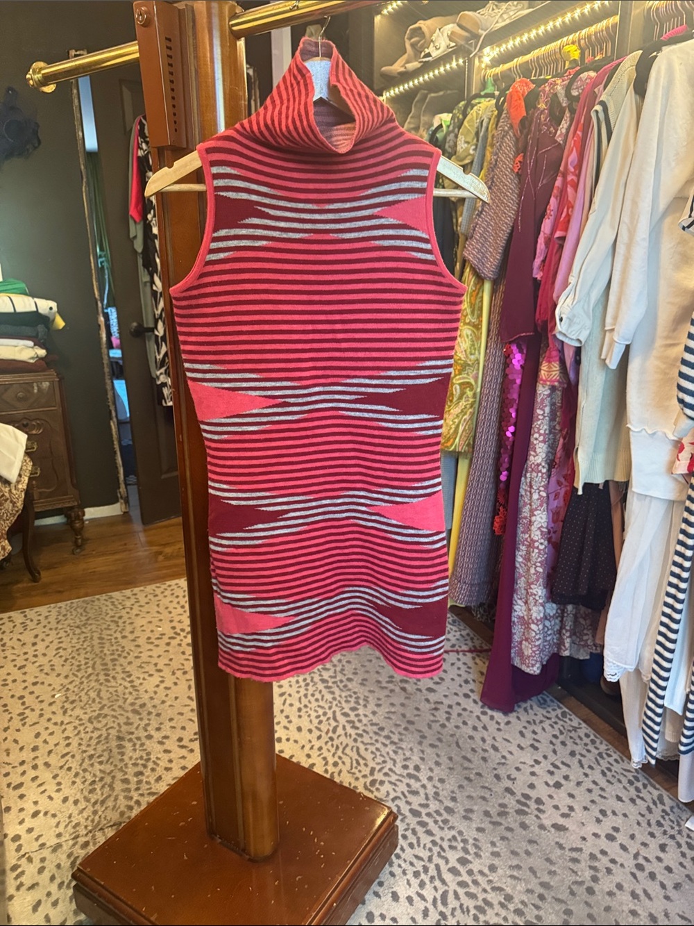 Title Nine Sleeveless Cowl Turtleneck Striped Knit Dress in Pink and Burgundy